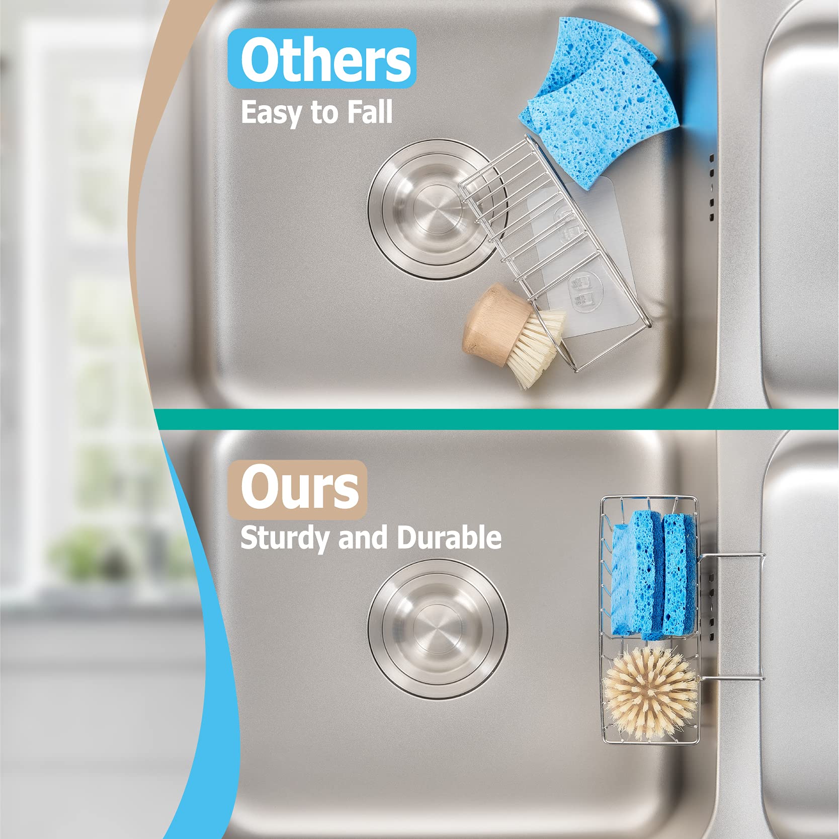 Damita Kitchen Sponge Holder, Sink Basket Sink Caddy Brush Dishwashing Liquid Drainer Rack Silver, Medium